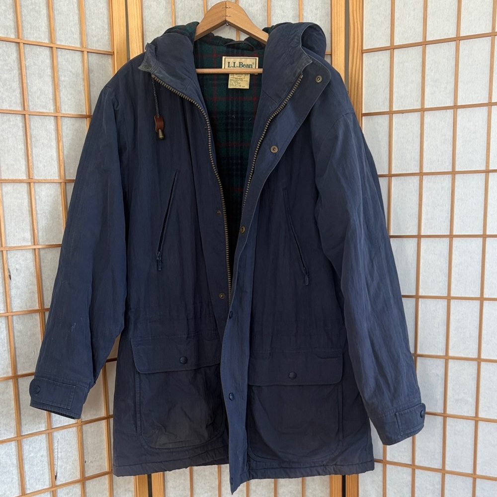 Vintage L.L. Bean Wool Men's Navy Raincoat with Hood